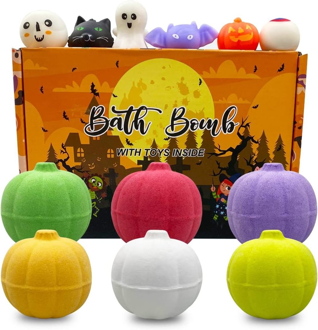 Msds/100% Natural Ingredients bathbomb oem Halloween Squishy Toys Inside 6 Pack Halloween Pumpkin Bath Bombs