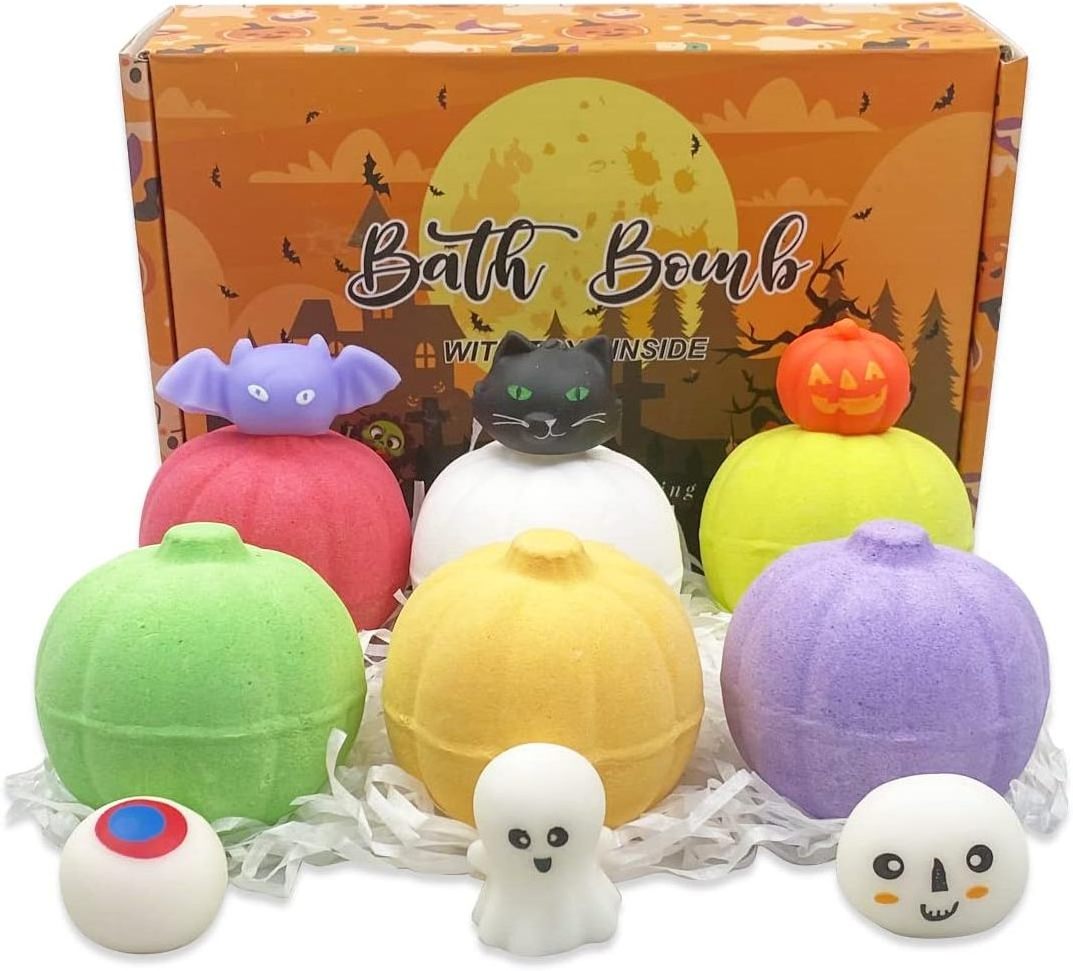 Msds/100% Natural Ingredients bathbomb oem Halloween Squishy Toys Inside 6 Pack Halloween Pumpkin Bath Bombs