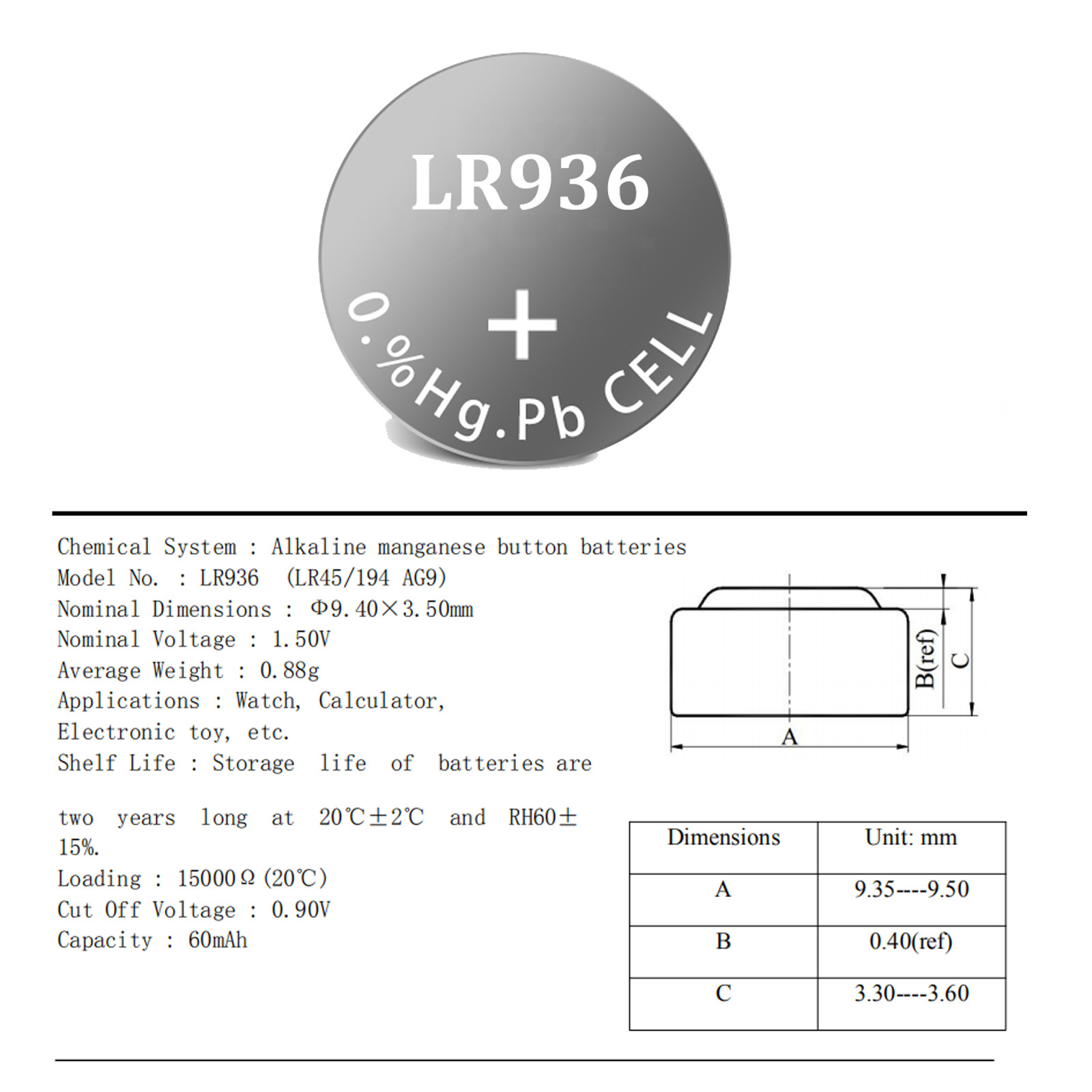 1.5V Button Cell Battery AG9 LR936 394 SR936SW LR45 for Laser Pointers, Clocks, Watches, Calculators, Computers