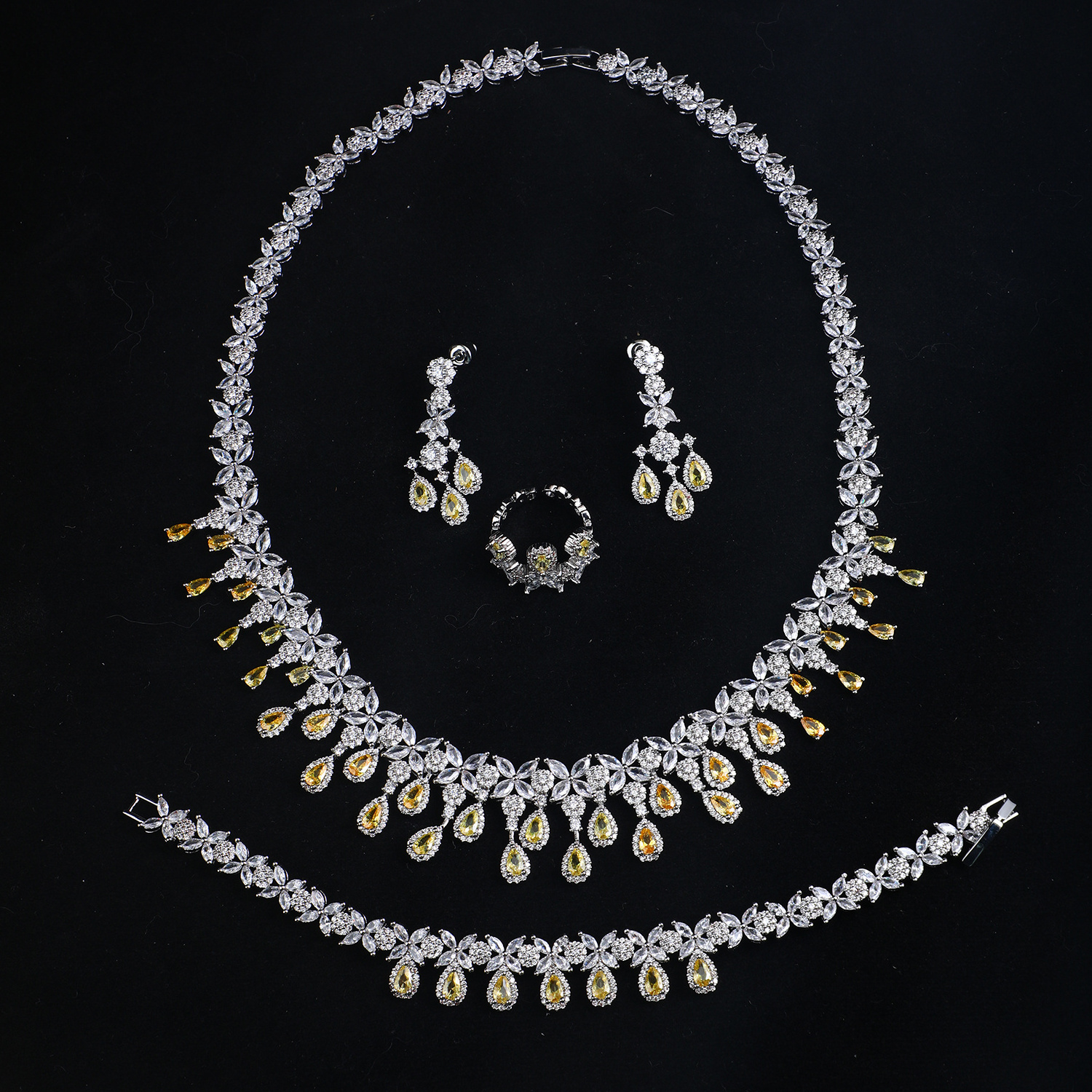 Luxury Bling Cubic Zirconia 4-piece Necklace Sets Indian Jewellery Set High Quality Dubai Party Wedding Bridal Jewelry Sets