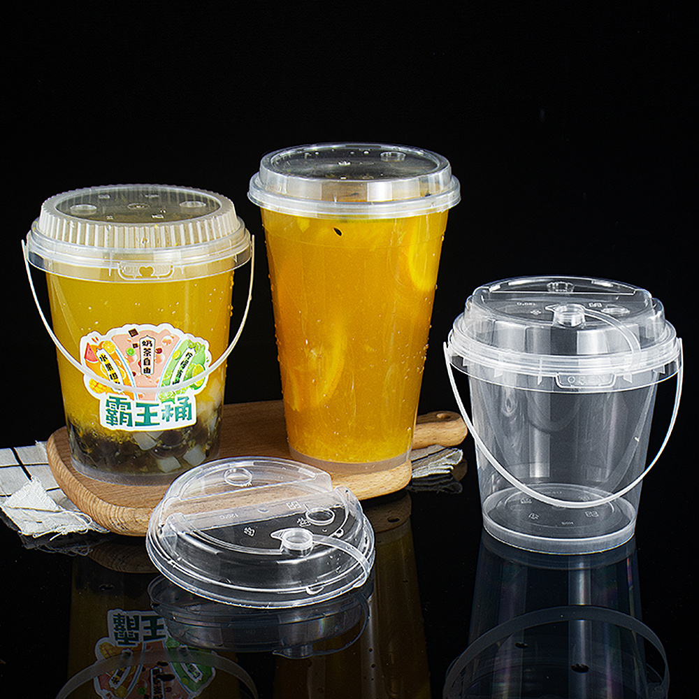 Wholesale Disposable 1000ML PP Plastic Drink Yogurt Milk Tea Fruits Container Clear Bucket Cups With Lid and Handle