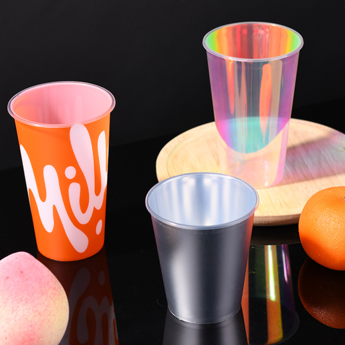 500ml 700ml Custom logo disposable beverage drink juice bubble tea cups wholesale holographic rainbow film plastic cup with lids