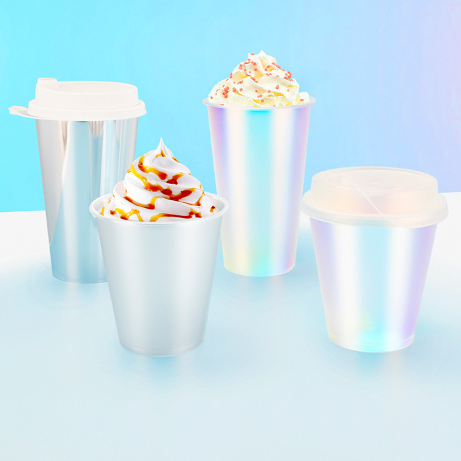 500ml 700ml Custom logo disposable beverage drink juice bubble tea cups wholesale holographic rainbow film plastic cup with lids