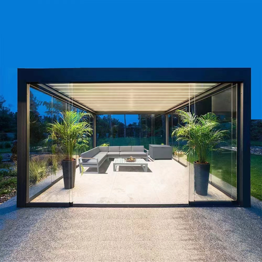 MINGYU Exterior Roof Metal Gazebo With Retractable Screen Outdoor Aluminum Pergola Opening Roof