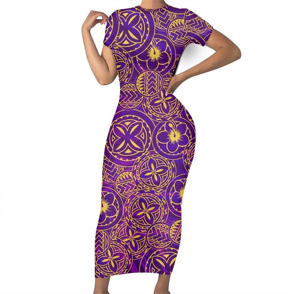 Samoan Tribal Style Pattern Print Short Sleeve O-Neck Custom Dress Soft Feelings Sexy Dresses Women Factory Wholesale Dress Girl