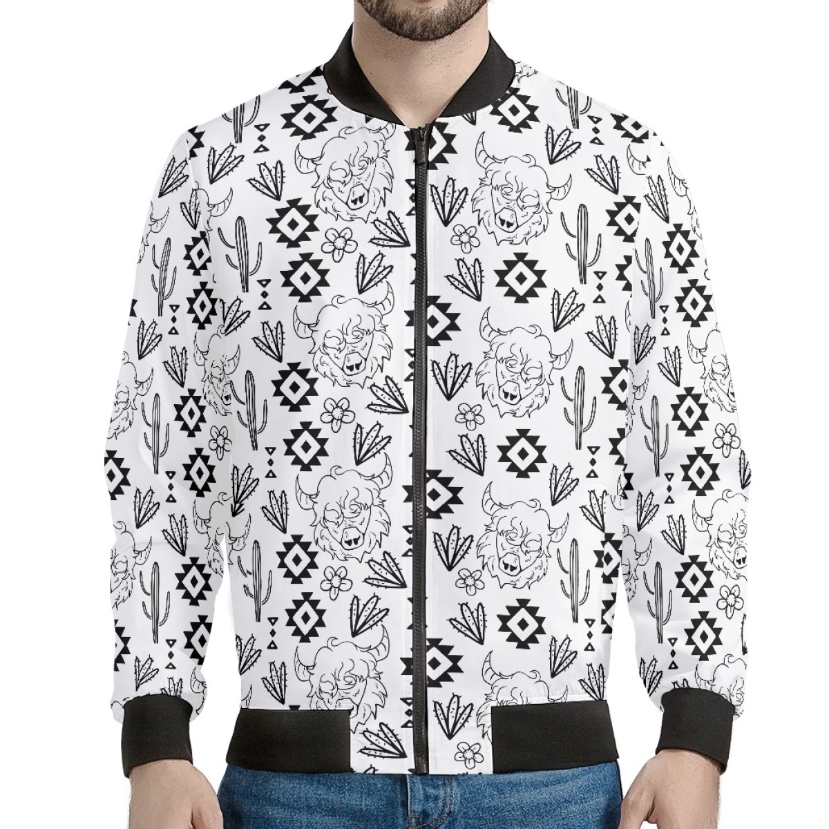 Wholesale Sublimated Printed Jackets Custom Casual Polyester White jackets Western Aztec Cow All Over Print Jackets for men