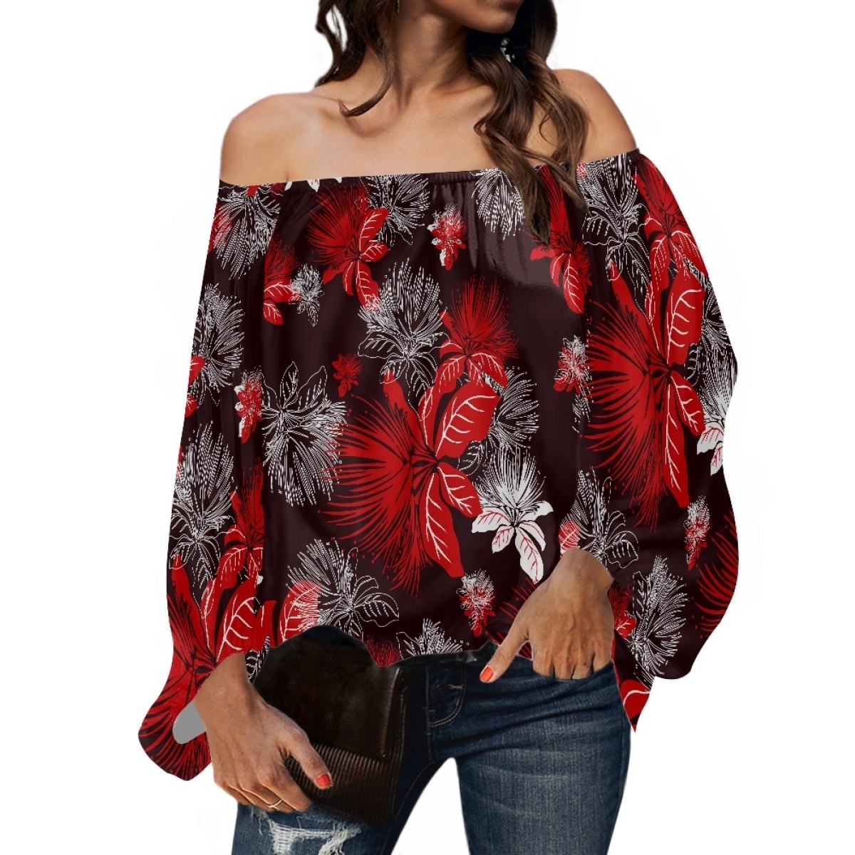 Custom Sublimation Design Off Shoulder Plus Size Ladies' Blouses & Tops Long Sleeve Chiffon Blouse Loose Shirt Ladies Tops 2023