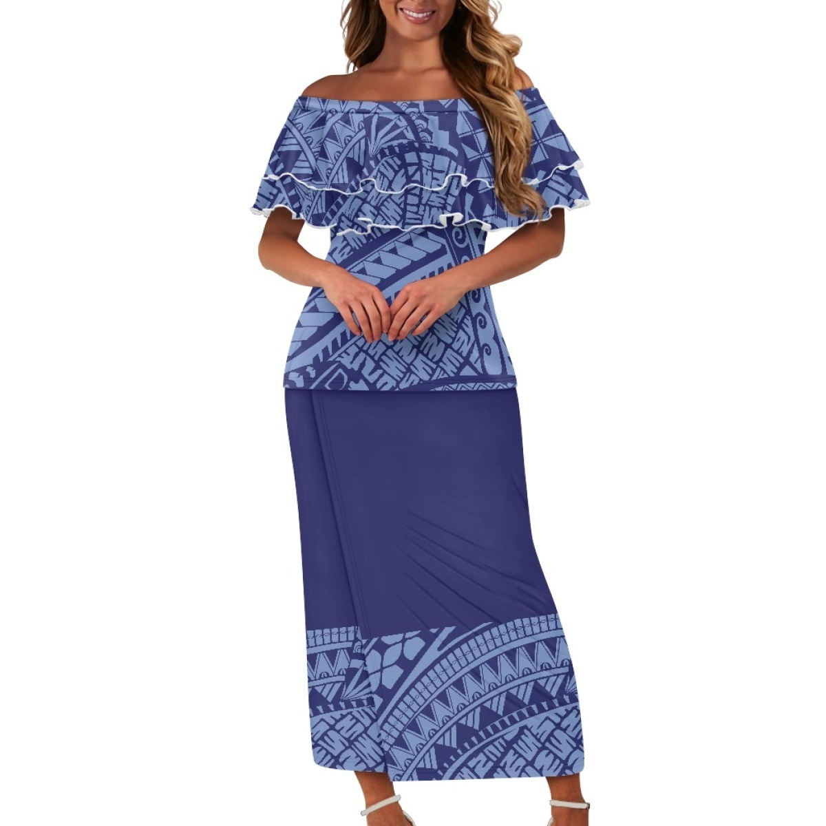 Wholesale Polynesian Tribal clothing Off Shoulder Ruffles Samoan Puletasi Dresses Women Family Custom Print Puletasi samoa set