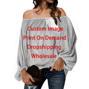 Custom Sublimation Design Off Shoulder Plus Size Ladies' Blouses & Tops Long Sleeve Chiffon Blouse Loose Shirt Ladies Tops 2023