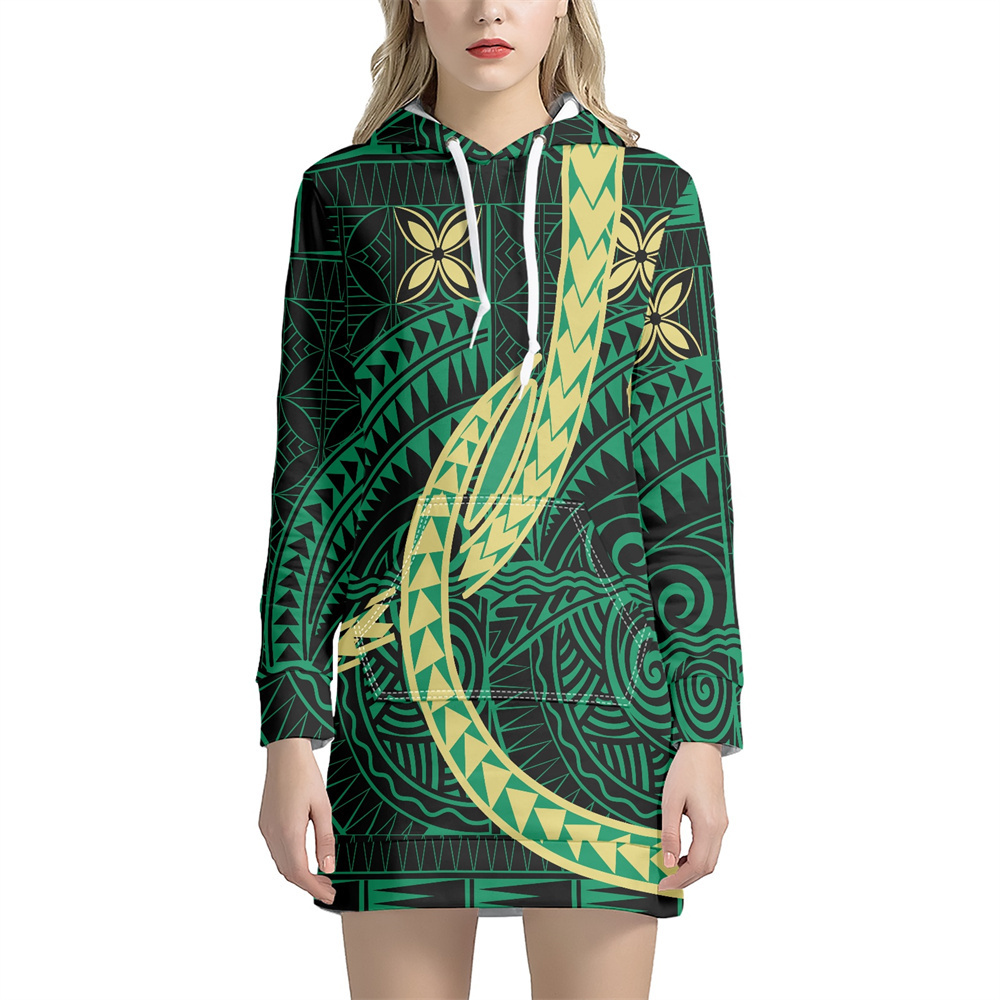 Long Hoodie Dress For Women Casual Polynesian Tribal Samoa Print Custom Pullover Fall Winter Lightweight hoodie dress wholesale