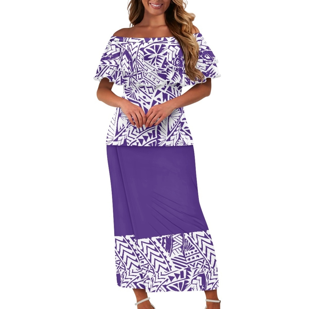 Wholesale Polynesian Tribal clothing Off Shoulder Ruffles Samoan Puletasi Dresses Women Family Custom Print Puletasi samoa set