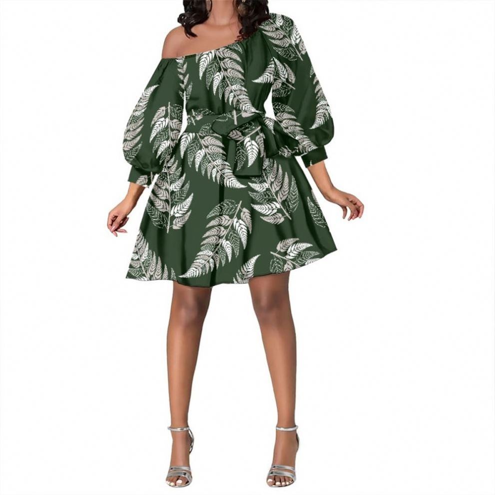 Puffy Sleeve Belt Dress Casual Print on Demand Slant Shoulder Polynesian Tribal bird of paradise Dress Club Sexy Women Clothing