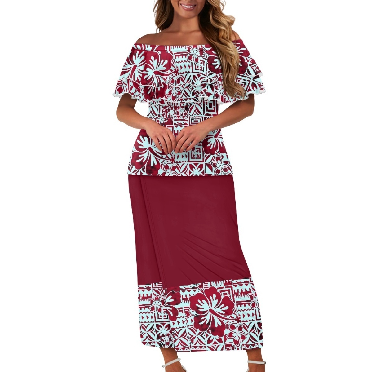 Wholesale Polynesian Tribal clothing Off Shoulder Ruffles Samoan Puletasi Dresses Women Family Custom Print Puletasi samoa set