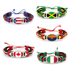 287 Countries Country Flag National Day Holiday Promotional Gifts Glass Cabochon Charm Adjustable Genuine Leather Cuff Bracelets