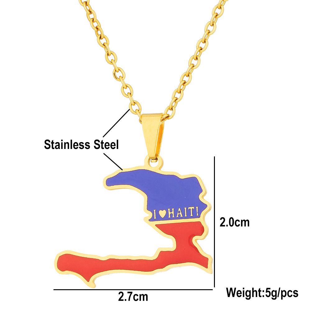 Manufacturer Enameled Haiti Map Chain Necklaces Stainless Steel 18K Gold Plated Enamel Haiti National Flag Map Pendant Necklace