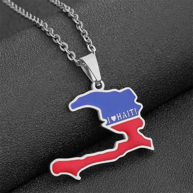 Manufacturer Enameled Haiti Map Chain Necklaces Stainless Steel 18K Gold Plated Enamel Haiti National Flag Map Pendant Necklace