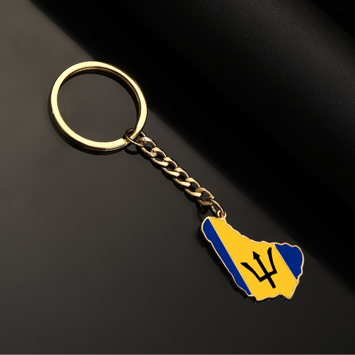 Factory Enameled Barbados Flag Map Keyring Stainless Steel 18K Gold Plated Enamel Caribbean Sea Barbados Map Pendant Key Chain