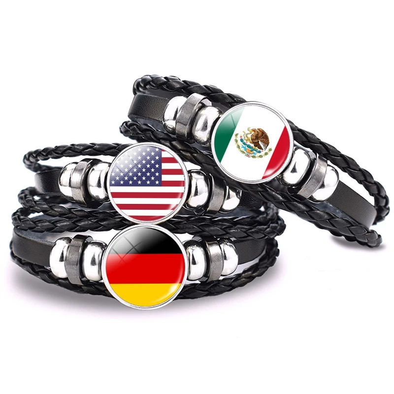 287 Countries Snap Button National Flag Bracelets Country Flag Independence Day Gift Jewelry Unisex Mens Black Leather Bracelet