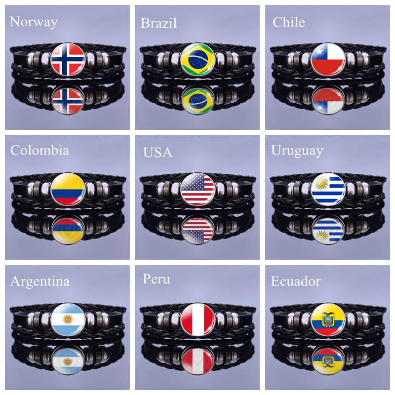 287 Countries Snap Button National Flag Bracelets Country Flag Independence Day Gift Jewelry Unisex Mens Black Leather Bracelet