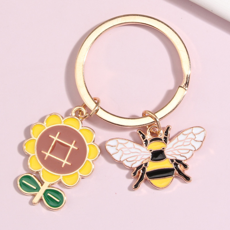 back to school gift enamel bee sunflower pendant rhinestone ladybug charm metal key chain key ring bag accessories car key chain