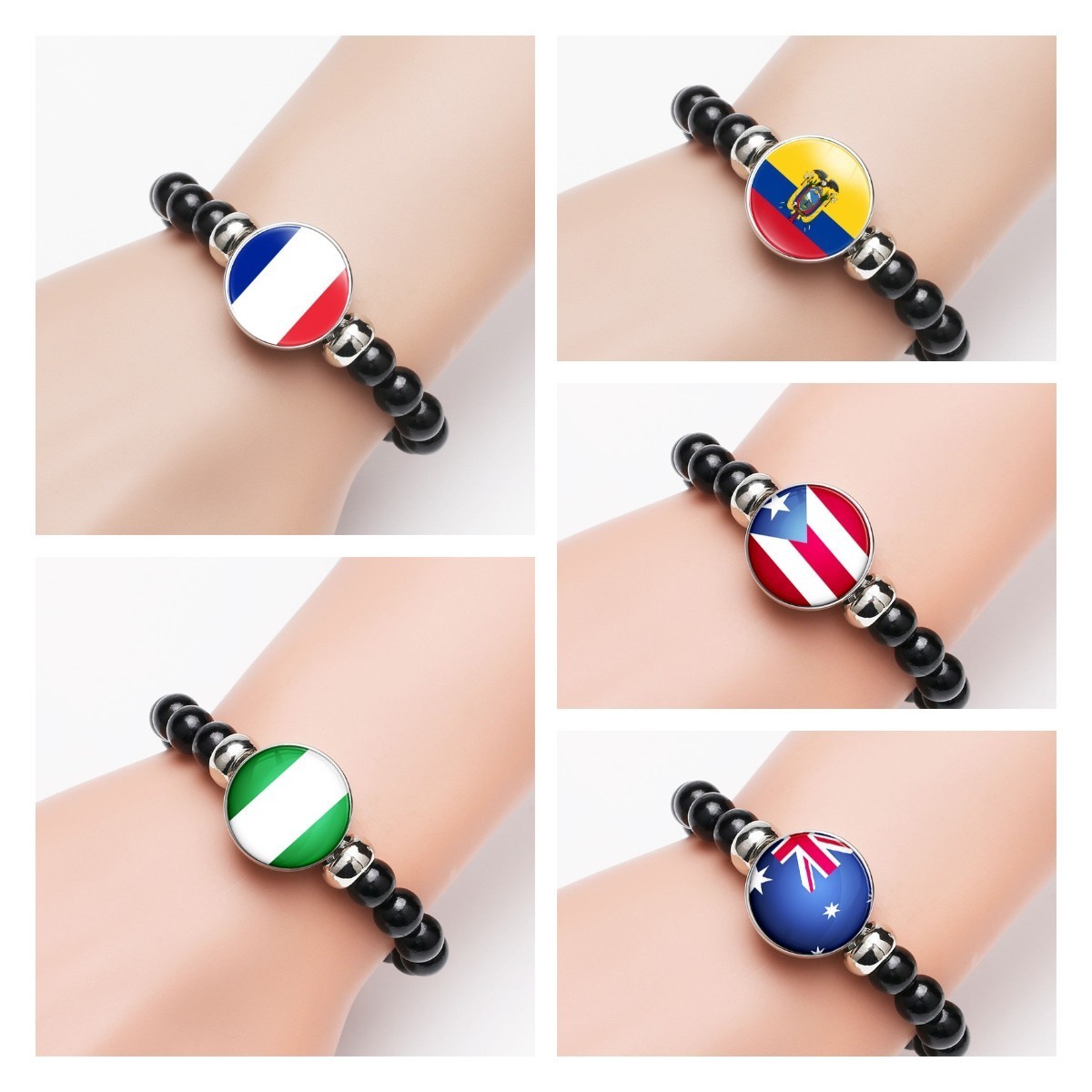 287 Countries National Flag Snap Button Elastic Band Beads Country Flag Independence Day Jewelry Beaded Bracelet