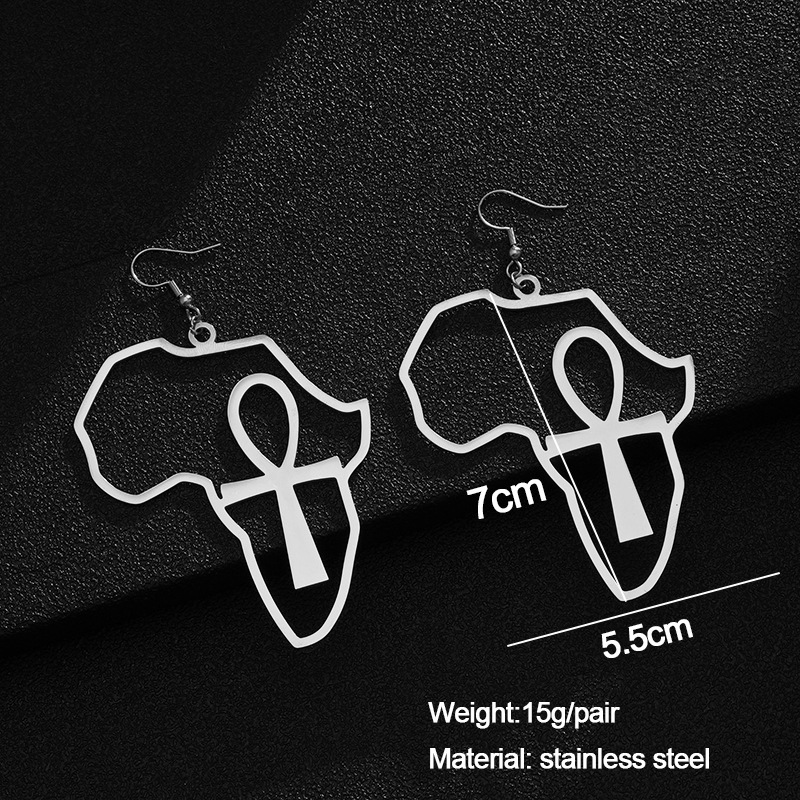 Custom Stainless Steel 18K Gold Africa Map Crux Ansata Pendant Earrings for Men and Women Afro Egyptian Ankh Wire Stud Earrings