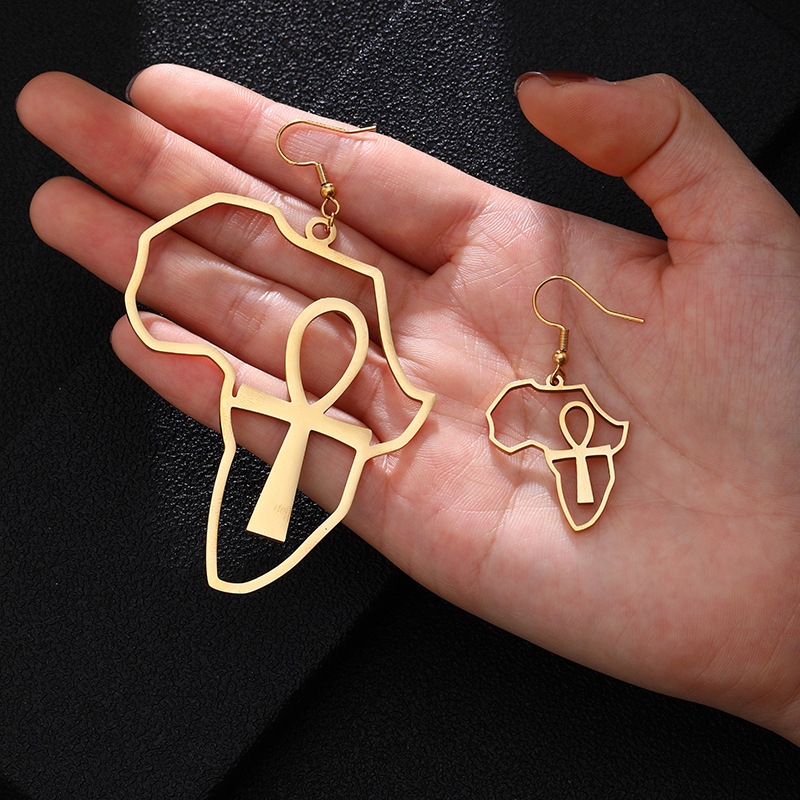 Custom Stainless Steel 18K Gold Africa Map Crux Ansata Pendant Earrings for Men and Women Afro Egyptian Ankh Wire Stud Earrings