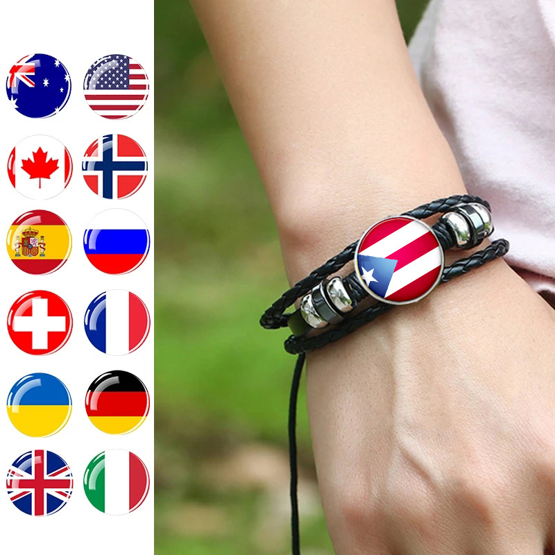 287 Countries Snap Button National Flag Bracelets Country Flag Independence Day Gift Jewelry Unisex Mens Black Leather Bracelet