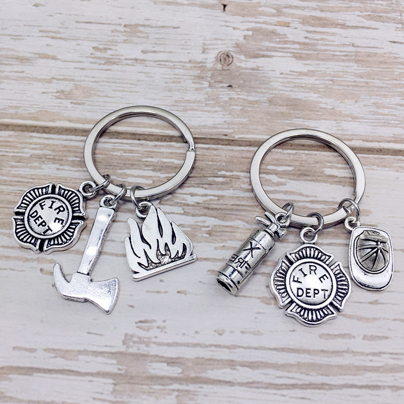 Firefighter fireman theme metal key chains key ring fire extinguisher fire hat helmet charm pendant bag car key chain holder