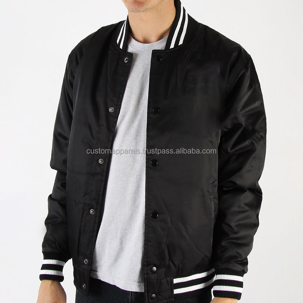 Black 100% Polyester Custom Varsity Sports Basketball Embroidered White Lined Satin Jacket For Men's