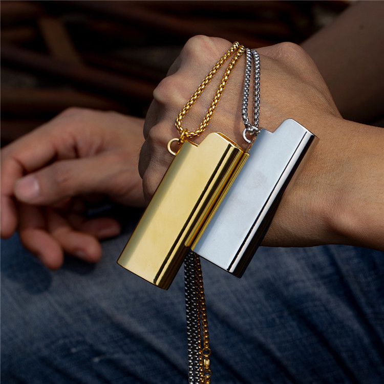 Hip-hop Gold Silver Plated Titanium Steel Beads Necklace for Smoker Rapper  Lighter Cover Pendant Necklace