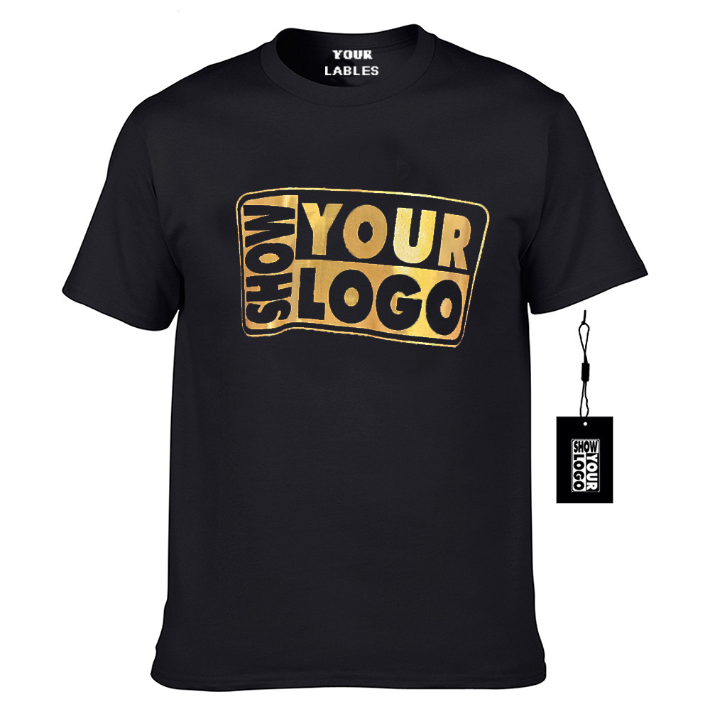 New coming high quality gold print t shirt custom t shirt with gold logo print free labels and hang tags offer