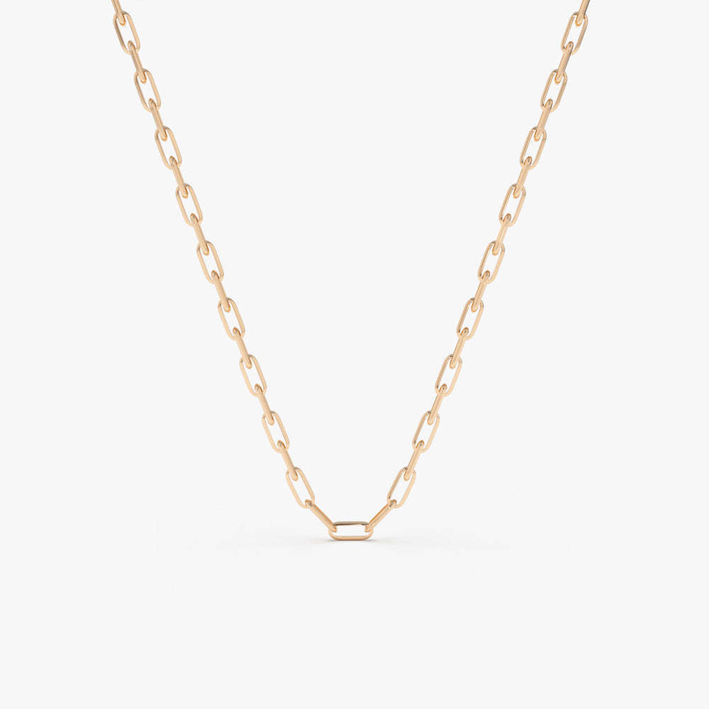 14k Solid Gold Tiny Paper Clip Rectangle Link Necklace 5x2 MM Staple Chain Everyday Wear Necklace For Women Clip Lock Chain