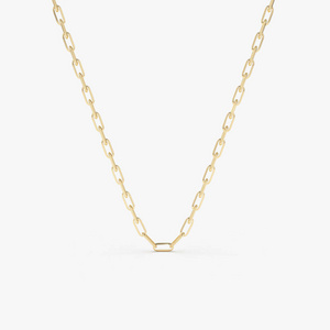 14k Solid Gold Tiny Paper Clip Rectangle Link Necklace 5x2 MM Staple Chain Everyday Wear Necklace For Women Clip Lock Chain