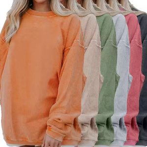 Wholesale Bulk Fall Winter Designer Casual Orange Corduroy Ribbed Crewneck Women Oversized Corded Crew Sweatshirt