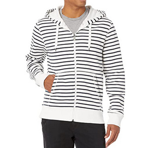 Men Cotton Sweat Jacket Hooded Jacket Striped Jacket with Zip black white stripe hoodie sweatshirts