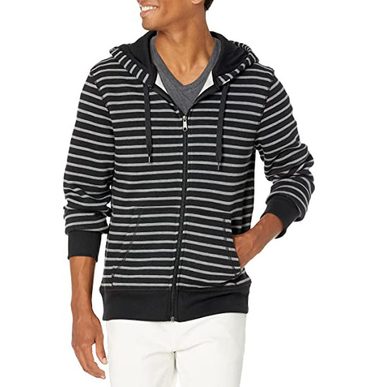 Men Cotton Sweat Jacket Hooded Jacket Striped Jacket with Zip black white stripe hoodie sweatshirts