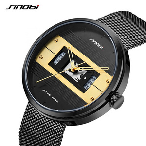 SINOBI Watch Mens Hollow Out Skeleton Dial Hands Designer Watches Wrist Stainless Steel Mesh Strap Handwatch Big Dial Dropshippi