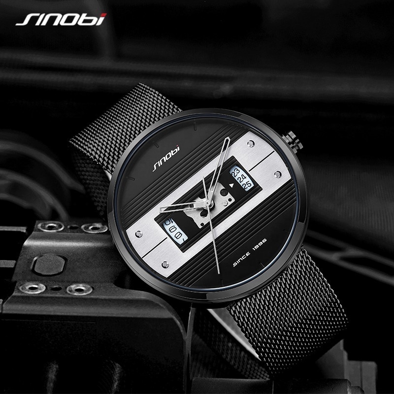 SINOBI Watch Mens Hollow Out Skeleton Dial Hands Designer Watches Wrist Stainless Steel Mesh Strap Handwatch Big Dial Dropshippi