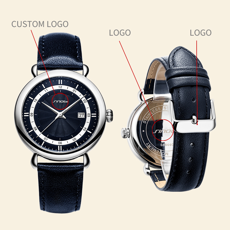 SINOBI New Design Minimalist Watch Men S9844G Genuine Leather Band Auto Date Watch Classic Custom Your Logo Saat montres-homm