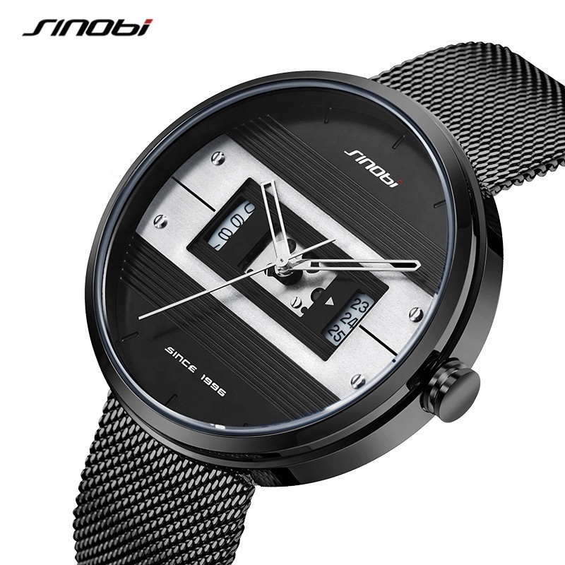 SINOBI Watch Mens Hollow Out Skeleton Dial Hands Designer Watches Wrist Stainless Steel Mesh Strap Handwatch Big Dial Dropshippi