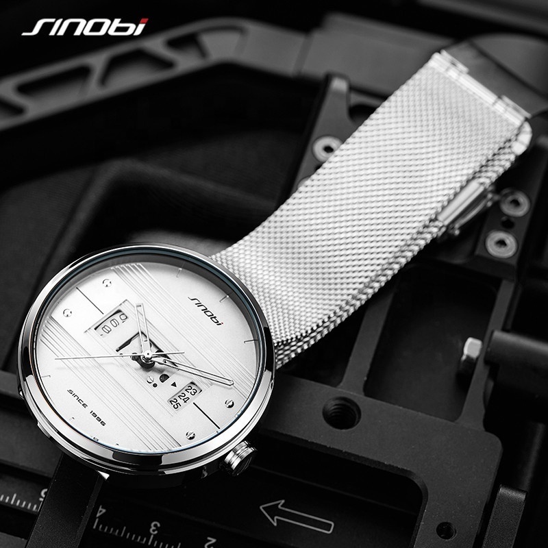 SINOBI Watch Mens Hollow Out Skeleton Dial Hands Designer Watches Wrist Stainless Steel Mesh Strap Handwatch Big Dial Dropshippi