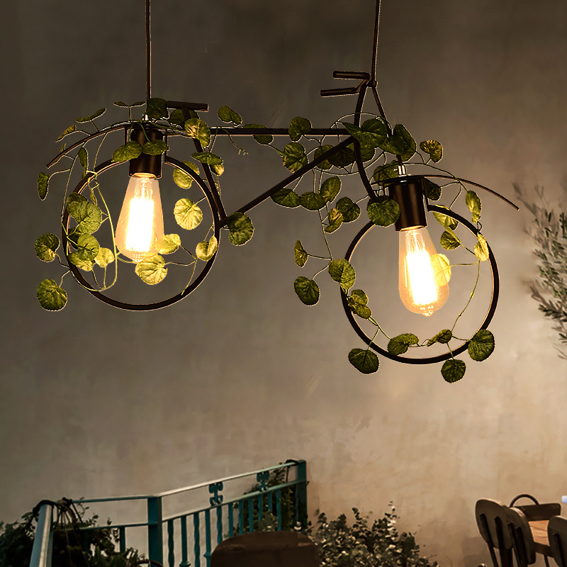 Bicycle shape indoor living black iron chandelier hanging plant lamp  3d led modern decorative ceiling plant pendant light