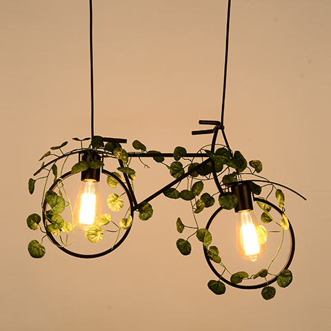 Bicycle shape indoor living black iron chandelier hanging plant lamp  3d led modern decorative ceiling plant pendant light