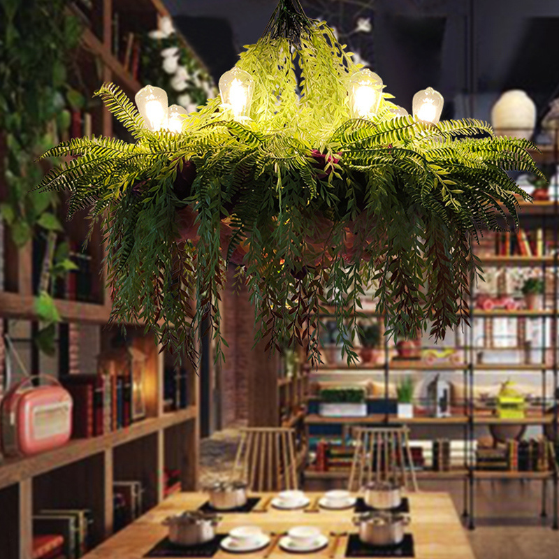 Grass flower green modern bar led ceiling plant pendant light decorative e27 iron hanging 3d plant chandelier light