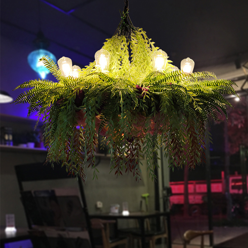 Grass flower green modern bar led ceiling plant pendant light decorative e27 iron hanging 3d plant chandelier light