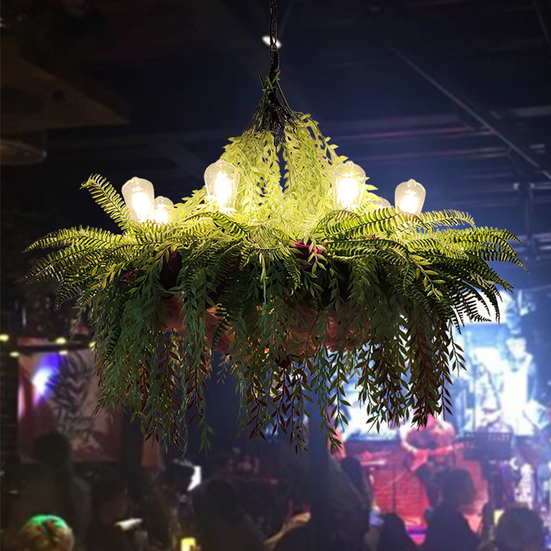 Grass flower green modern bar led ceiling plant pendant light decorative e27 iron hanging 3d plant chandelier light