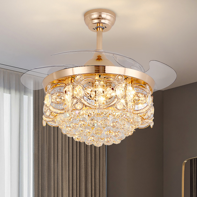 Luxury golden LED chandelier lighting remote control fancy pendant lamp home hotel modern crystal ceiling fan with light