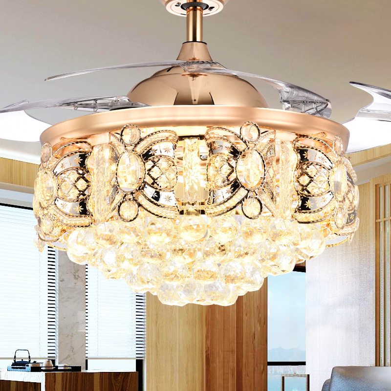 Luxury golden LED chandelier lighting remote control fancy pendant lamp home hotel modern crystal ceiling fan with light