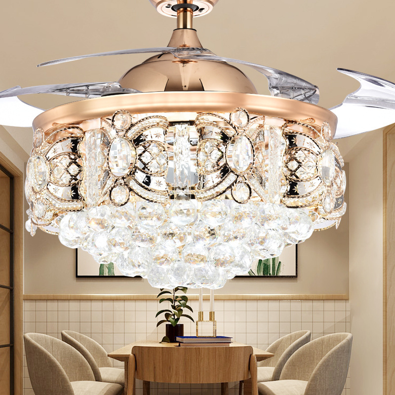 Luxury golden LED chandelier lighting remote control fancy pendant lamp home hotel modern crystal ceiling fan with light